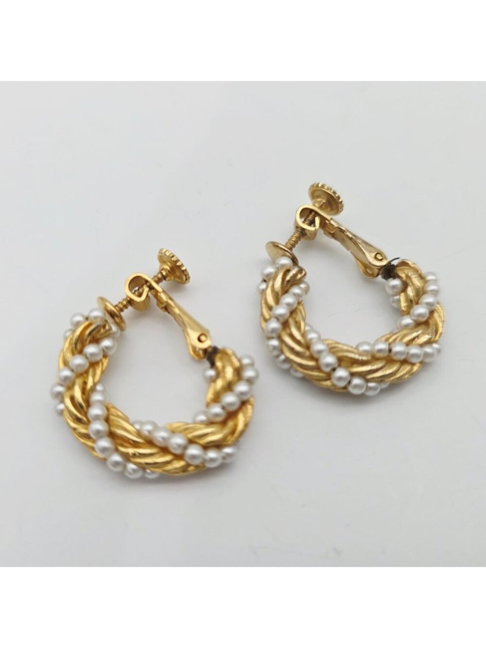 Vintage Gold-Tone Braided Clip-On Earrings With Faux Pearl Accents 1"